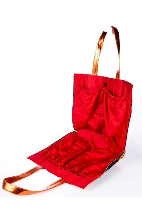 Black and Orange SL Tote (Poppy): Black and orange lambskin leather shoelugg inspired by my dad's (Harold Bonilla) love and dedication to the New York Knicks