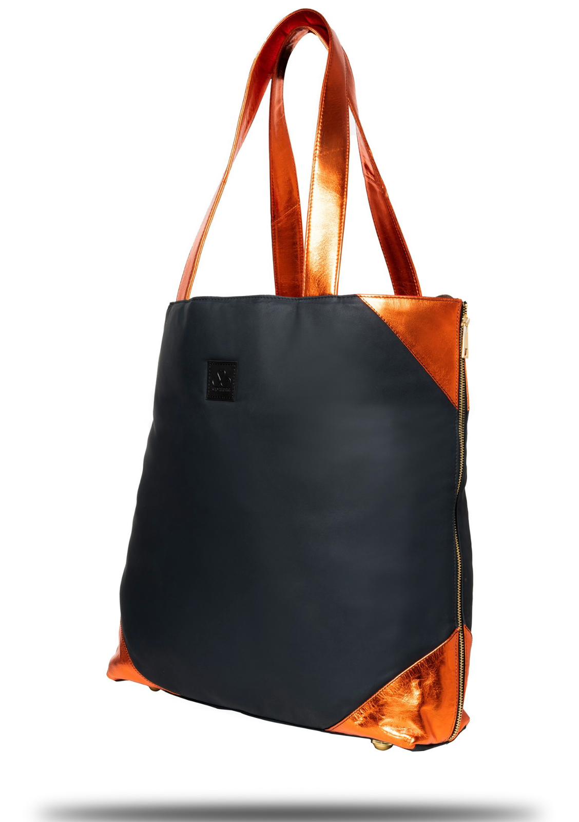 Black and Orange SL Tote (Poppy): Black and orange lambskin leather shoelugg inspired by my dad's (Harold Bonilla) love and dedication to the New York Knicks