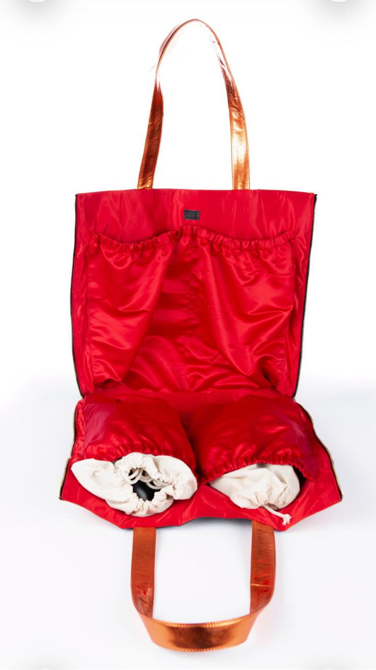 Black and Orange SL Tote (Poppy): Black and orange lambskin leather shoelugg inspired by my dad's (Harold Bonilla) love and dedication to the New York Knicks