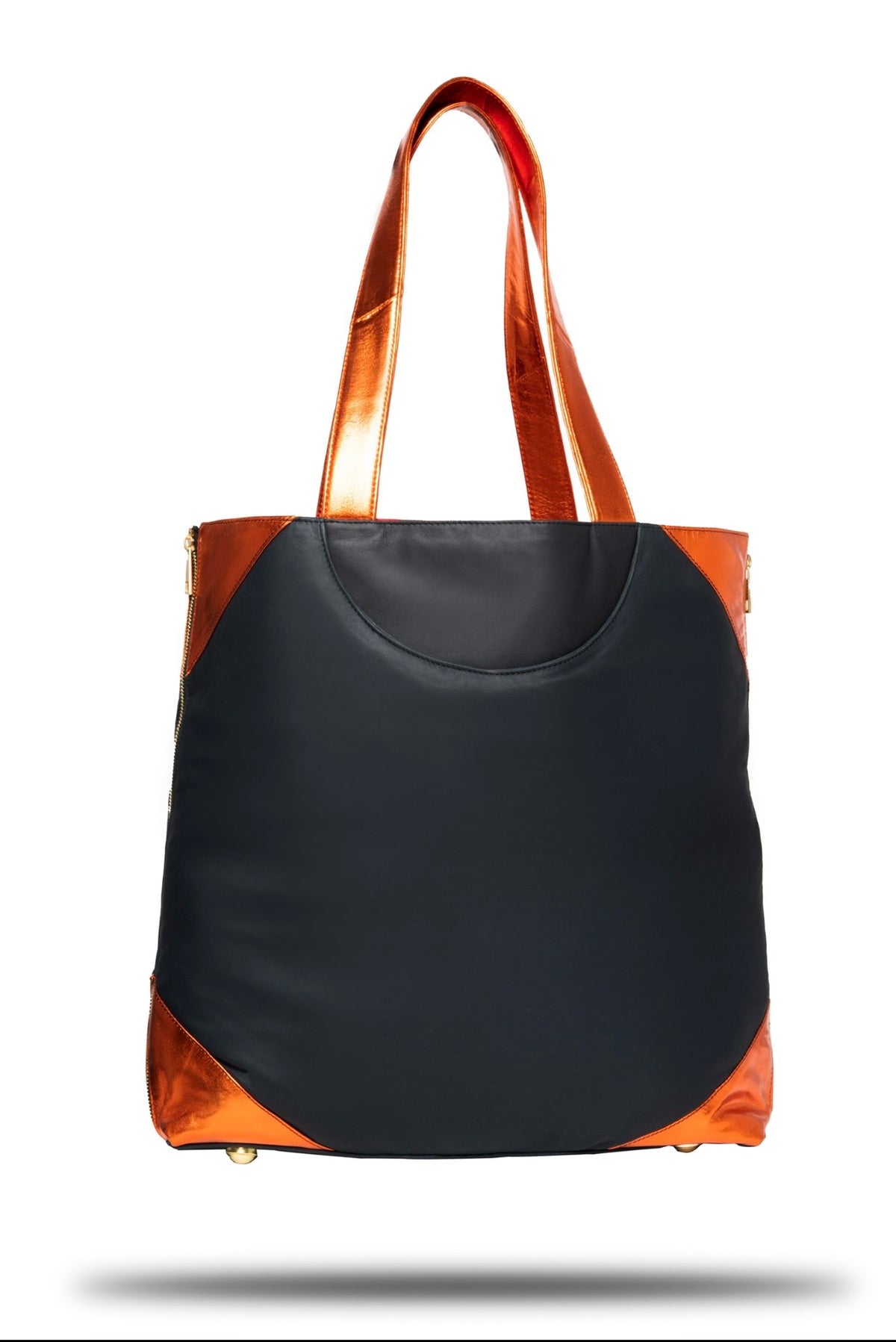 Black and Orange SL Tote (Poppy): Black and orange lambskin leather shoelugg inspired by my dad's (Harold Bonilla) love and dedication to the New York Knicks